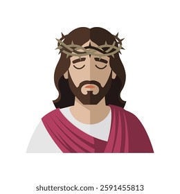 The face of Jesus Christ with a crown of thorns, flat design isolated vector