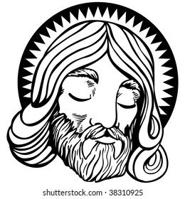 Face of Jesus with halo in a cartoon style isolated on white.