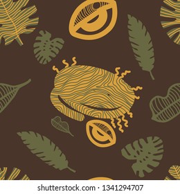 Face, jungle leaves seamless pattern vector for prints, posters, greeting cards, covers, wallpapers, textile. Colorful yellow and green hand drawing on brown background. Trendy colors.