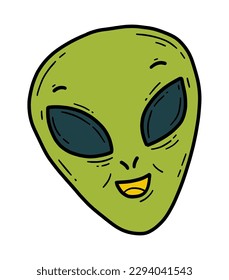 The face of a kind green alien in doodle cartoon style