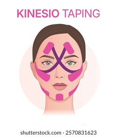 Face kinesio taping scheme. Vector illustration of young woman with facial kinesio tapes.