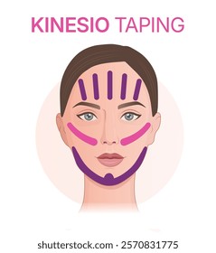 Face kinesio taping scheme. Vector illustration of young woman with facial kinesio tapes.