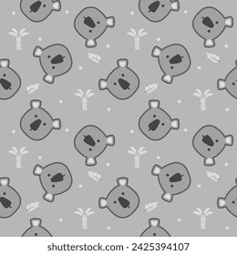 Cara koala dibujos animados tan lindo. Sobre fondo gris de hoja de árbol. Ilustración de vector sin costura. 