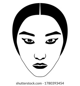 Face of Korean or Chinese girl or young man. Japanese lady. Black and white silhouette. Oriental Asian character.