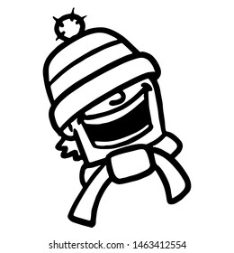Face of a laughing boy with winter hat over his eyes and scarf in zwarz and white. Character, scribble, outline, comic, ink, sketch, doodle, vector, illustration, line, cartoon, black, white, drawing,