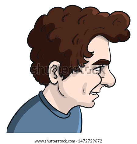 Face of a laughing man with brown curls from the side.  blue tshirt, illustration, vector, cartoon.