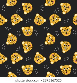 Face leopard smile cartoon so cute. On black background. Pattern seamless vector illustration. 