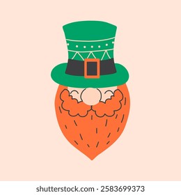 Face leprechaun with a green hat and a red beard. Happy St. Patrick's Day vector design. 