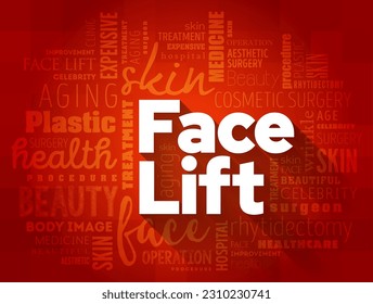 Face Lift - cosmetic surgical procedure to create a younger look in the face, word cloud concept background