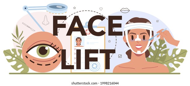 Face lift typographic header. Idea of modern face aesthetic medicine. Anti-aging beauty procedure. Rhinoplasty and blepharoplasty. Vector illustration in cartoon style