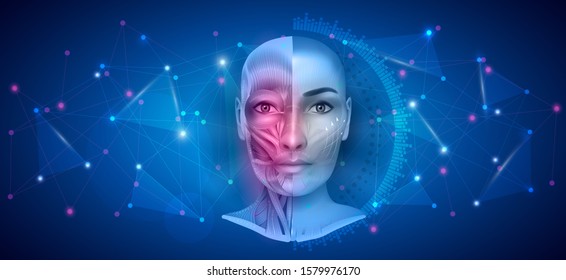 Face lifting abstract design, muscles structure of the female face and neck, each muscle with name on it, detailed bright anatomy on an abstract triangular scientific background