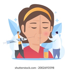 Face lifting concept. Two cosmetologists give the girl beauty injections. Before and after. Procedures for skin rejuvenation. Cartoon flat vector illustration isolated on a white background