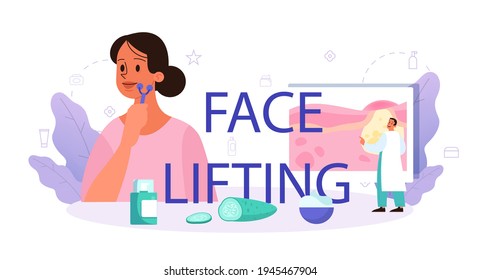 Face lifting typographic header, skin care and treatment. Cosmetologist
