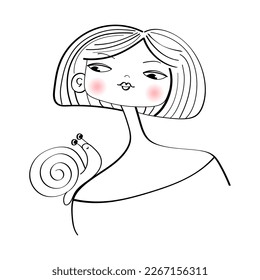 Face line art. Abstract portrait of a girl with a snail. Minimalist vector icon of people. For postcards, tee print, wallart, poster, cover, web, packaging design, social media stories, beauty salon.