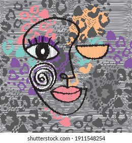 Face line art. Contemporary portrait. Contemporary drawing in modern ikat style. Portrait of a woman face with different geometric elements of pastel colors on leopard background.