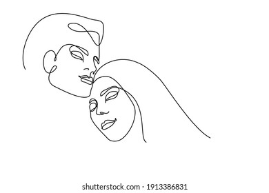 Face line art. Couple in love. Abstract faces of man and woman. Close relationships and feelings of people. Continuous line drawing. Happy people. Positive emotions