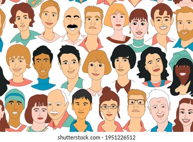 Face line art. Decorative diverse people head seamless pattern background. Team group crowd community. Hand drawn grunge line drawing doodle poster.