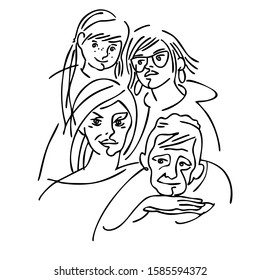 Face line art. group of women. woman face at different ages, vector illustration, human face at different periods of life, child, teenager, middle-aged woman, elderly woman 