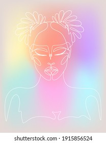 Imagen en línea facial con un gradiente mínimo de la ilustración de un afiche de mujer colorida. Retrato contemporáneo, dibujo de cara y peinado,concepto de moda,ilustración vectorial para camiseta,gráfico de diseño de slogan.