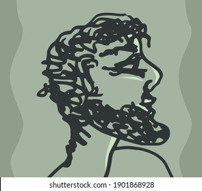 Face line art, portrait of a man with a beard, side view