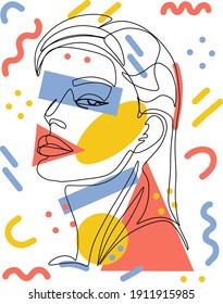 Face line art style minimal woman poster illustration. Contemporary portrait, drawing of face and hairstyle, fashion concept, minimalist, vector illustration for t-shirt, slogan design print graph.