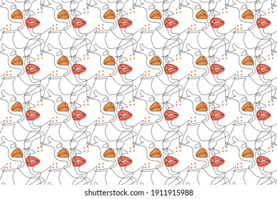 Face line art style minimal woman seamless pattern illustration. Contemporary pattern, drawing of face, lips, fashion concept, minimalist, vector pattern for t-shirt, gift boxes, textile, covers. 