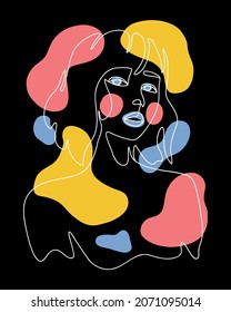 Face line art style minimal woman poster illustration. Contemporary portrait, drawing of face and hairstyle, fashion concept, minimalist, vector illustration for t-shirt, slogan design print graph.