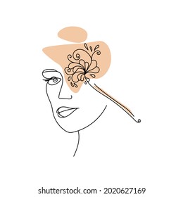 Face Line Art, Stylized Portrait Of A Girl Applying Makeup With Fancy Patterns, Flowers And An Abstract Spot On The Background Vector Illustration