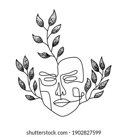 Face Line Art Vector with Nature Floral Leaves Black Line Art, Continuous line art in elegant and minimalist style for prints, T-Shirt, posters, textile, cards etc