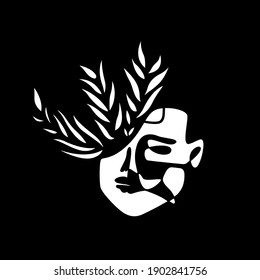 Face Line Art Vector with Nature Floral Leaves White Silhoutte Art, Modern Minimilaist art in elegant and Simple style for prints, T-Shirt, posters, textile, cards etc
