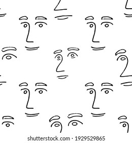 Face Line Art Vektorgrafik nahtloses Muster.  Gesichtsbemalung ohne Hintergrund. Zeitgenössischer Portrait-Bildschirmhintergrund Ideal für Etiketten, Druck, Verpackung, Stoff.