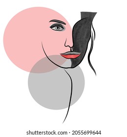 Face line art women happy vector