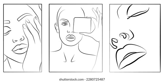 La cara es una línea. Línea continua, dibujando muchas caras y peinados, concepto de moda, belleza femenina minimalista, ilustración vectorial, impreso en ropa.