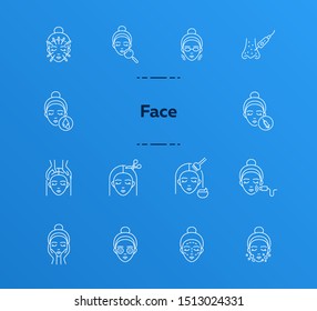 Face line icon set. Woman, female, head, massage, moistening, peeling. Beauty care concept. Can be used for topics like skin care, cosmetologist, dermatology