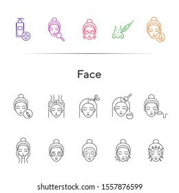 Face line icon set. Woman, female, head, massage, moistening, peeling. Beauty care concept. Can be used for topics like skin care, cosmetologist, dermatology