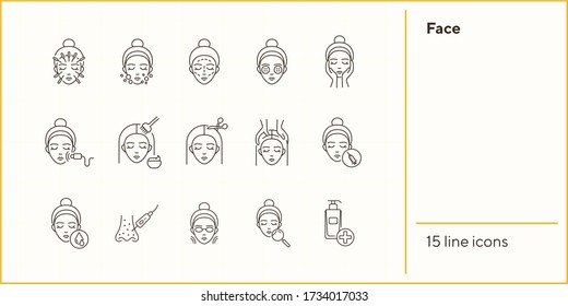 Face line icon set. Woman, female, head, massage, moistening, peeling. Beauty care concept. Can be used for topics like skin care, cosmetologist, dermatology