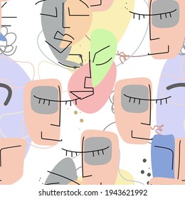 Face line pattern. Abstract drawing seamless pattern. Vector Modern minimal art. Graphics contour background. Continuous one line drawing. Linear design woman and man faces. Beauty modern print.
