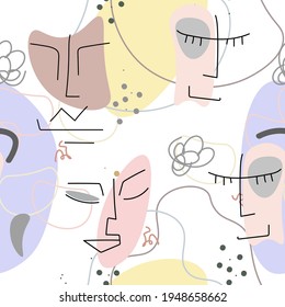 Face line pattern. Abstract drawing seamless pattern. Vector Modern minimal art. Graphics contour background. Continuous one line drawing. Linear design woman and man faces. Beauty modern print.