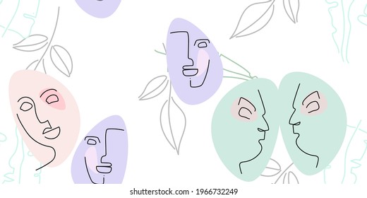 Patrón de línea de cara. Dibujo abstracto sin fisuras. Vector Arte mínimo moderno. Fondo de contorno gráfico. Dibujo continuo de una línea. Diseño lineal de caras de hombre y mujer. La belleza de la impresión moderna.