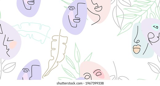 Face line pattern. Abstract drawing seamless pattern. Vector Modern minimal art. Graphics contour background. Continuous one line drawing. Linear design woman and man faces. Beauty modern print.