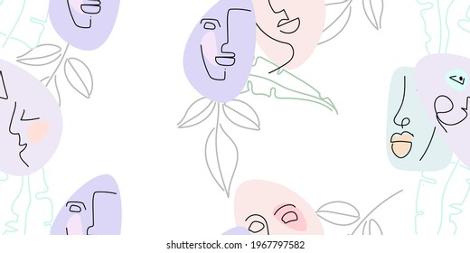 Face line pattern. Abstract drawing seamless pattern. Vector Modern minimal art. Graphics contour background. Continuous one line drawing. Linear design woman and man faces. Beauty modern print.