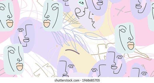 Face line pattern. Abstract drawing seamless pattern. Vector Modern minimal art. Graphics contour background. Continuous one line drawing. Linear design woman and man faces. Beauty modern print.