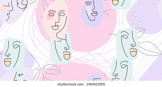Face line pattern. Abstract drawing seamless pattern. Vector Modern minimal art. Graphics contour background. Continuous one line drawing. Linear design woman and man faces. Beauty modern print.
