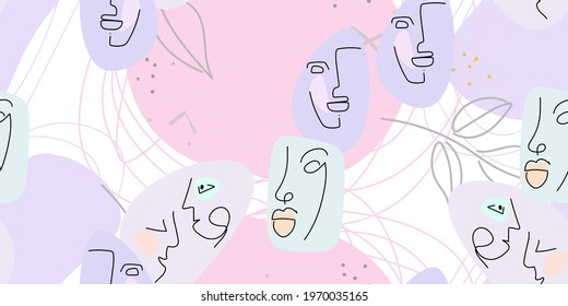Face line pattern. Abstract drawing seamless pattern. Vector Modern minimal art. Graphics contour background. Continuous one line drawing. Linear design woman and man faces. Beauty modern print.