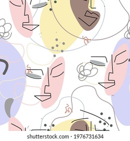 Face line pattern. Abstract drawing seamless pattern. Vector Modern minimal art. Graphics contour background. Continuous one line drawing. Linear design woman and man faces. Beauty modern print.
