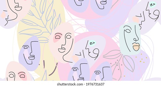 Face line pattern. Abstract drawing seamless pattern. Vector Modern minimal art. Graphics contour background. Continuous one line drawing. Linear design woman and man faces. Beauty modern print.