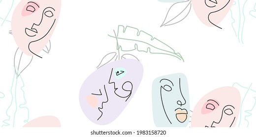 Face line pattern. Abstract drawing seamless pattern. Vector Modern minimal art. Graphics contour background. Continuous one line drawing. Linear design woman and man faces. Beauty modern print.