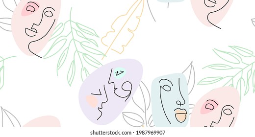 Face line pattern. Abstract drawing seamless pattern. Vector Modern minimal art. Graphics contour background. Continuous one line drawing. Linear design woman and man faces. Beauty modern print.