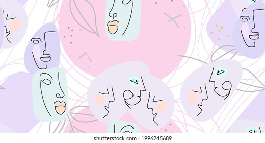 Face line pattern. Abstract drawing seamless pattern. Vector Modern minimal art. Graphics contour background. Continuous one line drawing. Linear design woman and man faces. Beauty modern print.