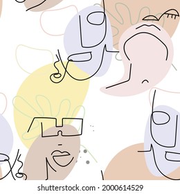 Face line pattern. Abstract drawing seamless pattern. Vector Modern minimal art. Graphics contour background. Continuous one line drawing. Linear design woman and man faces. Beauty modern print.